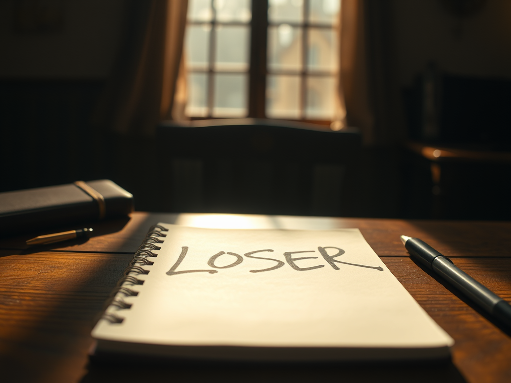 A notepad on a writing desk with the word 'Loser' on it to depict the Impostor Syndrome that writers sometimes face